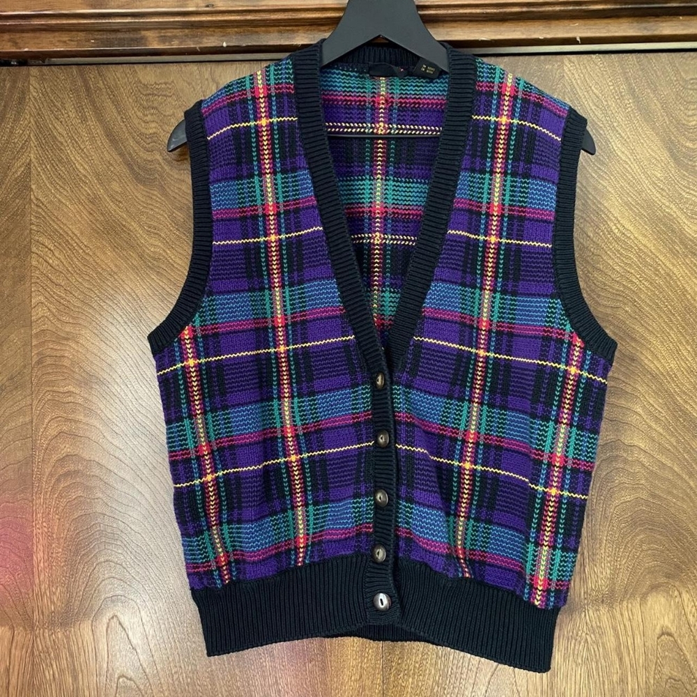 Plaid Button-Up Vest with Black Trim